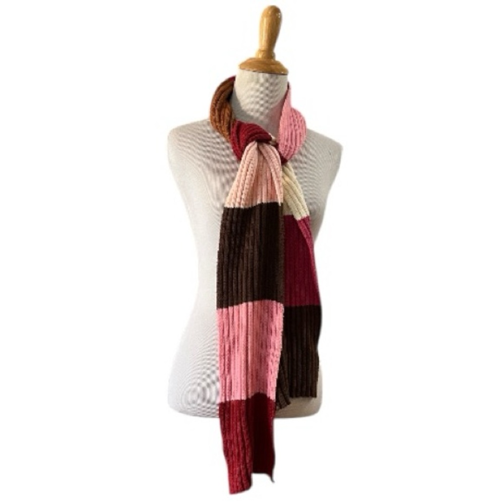 LONG RIBBED KNIT COLORBLOCK SCARF PINK BROWN CREAM RED